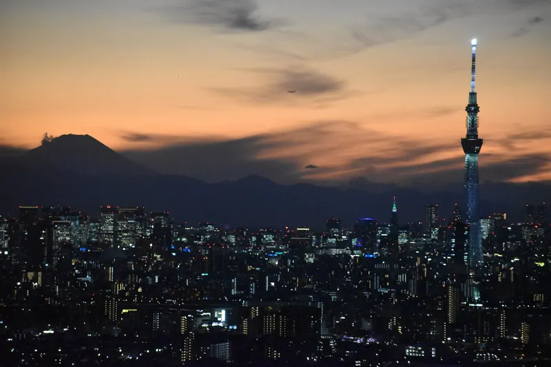 Tokyo skyline at sunset with Mount Fuji